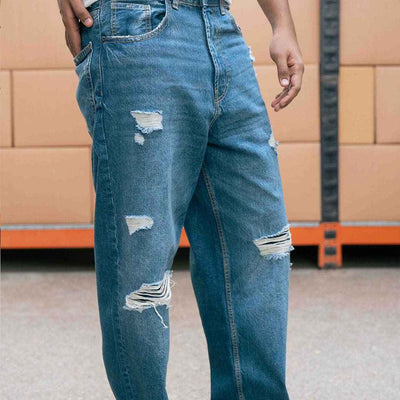 Mid Dark Distressed Baggy Jeans
